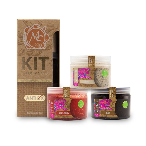 Kit de exfoliantes 3pzs de 150 grs c/u NUEZ LIGERO, CAFÉ MEDIO Y FRUTOS ROJOS PROFUNDO