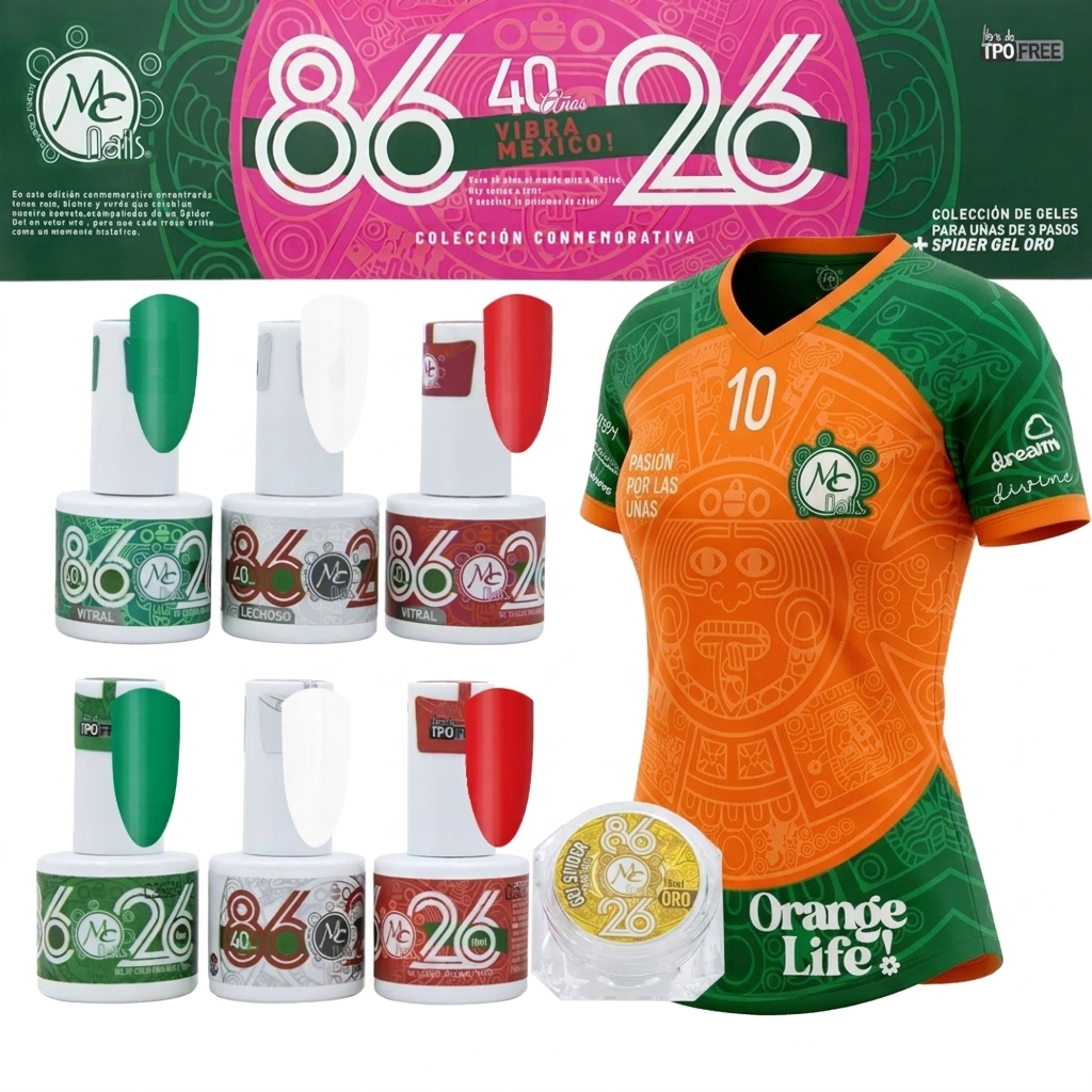 Kit conmemorativo VIBRA MÉXICO cont. 6 geles 10ml + spider gel 10ml + playera de regalo